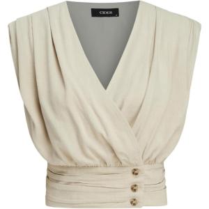 CIDER French Riviera Vacation V-Neck Ruched Button Corset Solid Tank Top(Beige)
