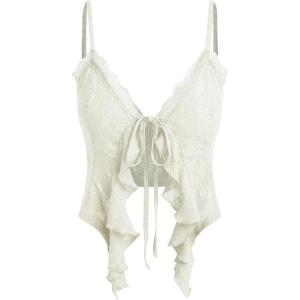 CIDER Going Out Tops for Women Y2K Tie Front Asymmetrical Ruffle Hem Lace Spaghetti Strap Cowgirl Crop Tops(Beige)