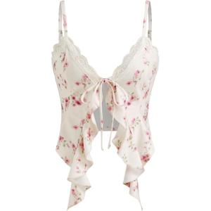 CIDER Going Out Tops for Women Y2K Tie Front Asymmetrical Ruffle Hem Lace Spaghetti Strap Cowgirl Crop Tops(Beige Floral)