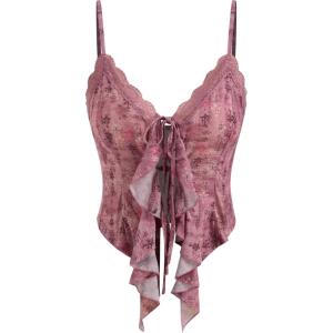 CIDER Going Out Tops for Women Y2K Tie Front Asymmetrical Ruffle Hem Lace Spaghetti Strap Cowgirl Crop Tops(Carmine)