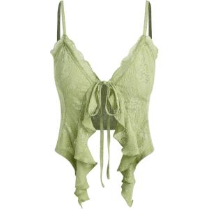 CIDER Going Out Tops for Women Y2K Tie Front Asymmetrical Ruffle Hem Lace Spaghetti Strap Cowgirl Crop Tops(Green)
