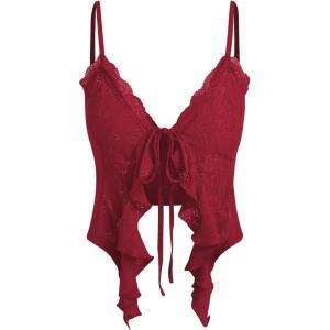 CIDER Going Out Tops for Women Y2K Tie Front Asymmetrical Ruffle Hem Lace Spaghetti Strap Cowgirl Crop Tops(Red)