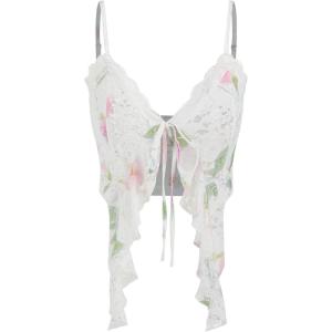 CIDER Going Out Tops for Women Y2K Tie Front Asymmetrical Ruffle Hem Lace Spaghetti Strap Cowgirl Crop Tops(White)
