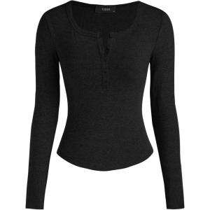 CIDER Henley Shirts for Women Long Sleeve Slim Fitted Basic Business Casual Tops for Women Button Ribbed Knit Base Layer(Black)