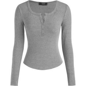 CIDER Henley Shirts for Women Long Sleeve Slim Fitted Basic Business Casual Tops for Women Button Ribbed Knit Base Layer(Grey)