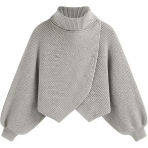CIDER High Neck Solid Knitted Long Sleeve Crop Sweater Curve & Plus(Grey)