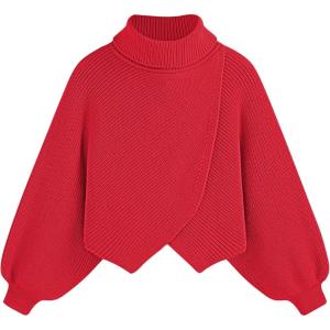 CIDER High Neck Solid Knitted Long Sleeve Crop Sweater Curve & Plus(Red)