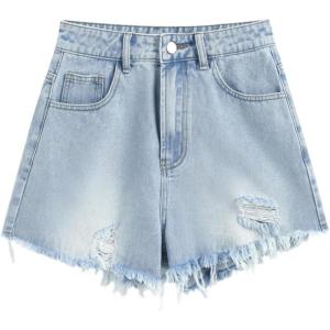 CIDER High Waist Ripped Washed Denim Shorts(Denim)