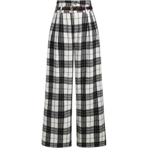 CIDER Houndstooth High Waist Belted Wide Leg Trousers(Black)