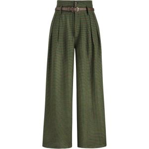 CIDER Houndstooth High Waist Belted Wide Leg Trousers(Green)