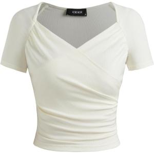 CIDER Jersey Sweetheart V Neck Short Sleeve Top(Beige)