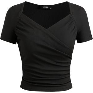 CIDER Jersey Sweetheart V Neck Short Sleeve Top(Black)