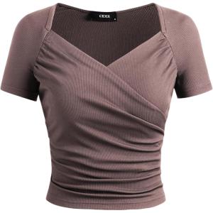 CIDER Jersey Sweetheart V Neck Short Sleeve Top(Burlywood)