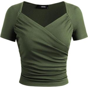 CIDER Jersey Sweetheart V Neck Short Sleeve Top(Olive Green)