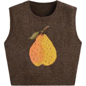 CIDER Knit Round Neckline Pear Graphic Wool-Blend Vest Curve & Plus(Brown)