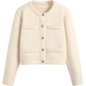 CIDER Knit Round Neckline Solid Button Oversized Cardigan(Beige)