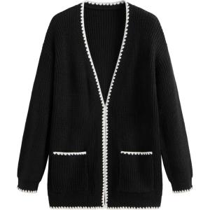 CIDER Knit V-Neck Solid Contrasting Binding Cardigan(Black)