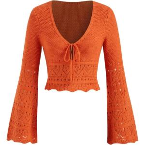 CIDER Knit V-Neck Solid Knotted Wave Trim Long Sleeve Top(Orange)