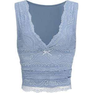 CIDER Lace Crop Tank Tops for Women Summer V Neck Sleeveless Going Out Tops Ruched Sexy Tee Trendy T Shirts Casual(Blue)