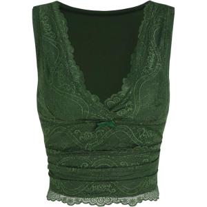 CIDER Lace Crop Tank Tops for Women Summer V Neck Sleeveless Going Out Tops Ruched Sexy Tee Trendy T Shirts Casual(Green)
