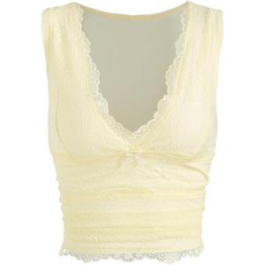 CIDER Lace Crop Tank Tops for Women Summer V Neck Sleeveless Going Out Tops Ruched Sexy Tee Trendy T Shirts Casual(Ivory)