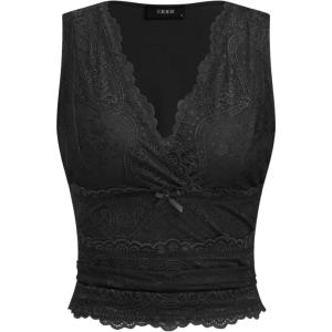 CIDER Lace Crop Tank Tops for Women Summer V Neck Sleeveless Going Out Tops Ruched Sexy Tee Trendy T Shirts Casual(Lace Black)