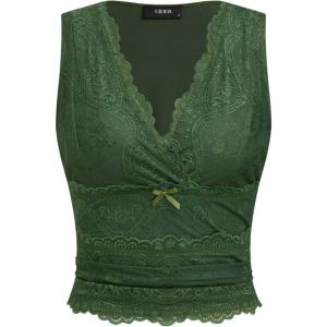 CIDER Lace Crop Tank Tops for Women Summer V Neck Sleeveless Going Out Tops Ruched Sexy Tee Trendy T Shirts Casual(Lace Green)