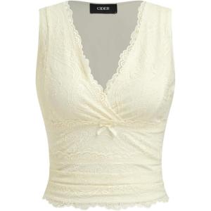 CIDER Lace Crop Tank Tops for Women Summer V Neck Sleeveless Going Out Tops Ruched Sexy Tee Trendy T Shirts Casual(Lace Ivory)