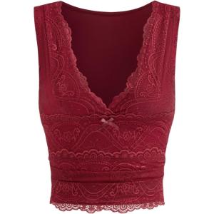 CIDER Lace Crop Tank Tops for Women Summer V Neck Sleeveless Going Out Tops Ruched Sexy Tee Trendy T Shirts Casual(Red)