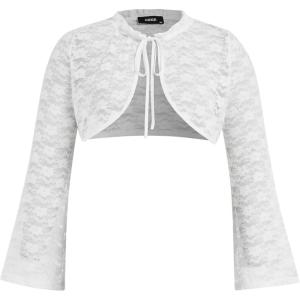 CIDER Lace Round Neckline Knotted Long Sleeve Shrug Curve & Plus(White)