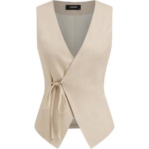 CIDER Linen-Blend V-Neck Solid Knotted Vest(Beige)