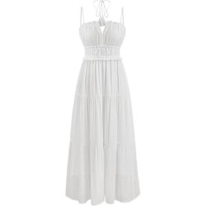 CIDER Maxi Dresses Women White Spaghetti Strap Backless Flowy Summer Boho Vacation Dress Beach Outfits(White)