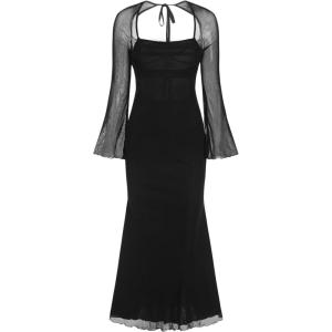 CIDER Mesh Square Neck Solid Drawstring Maxi Dress(Black)