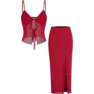 CIDER Mesh Sweetheart Top & Split Maxi Skirt(Wine)