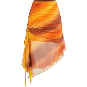 CIDER Miami Sunset Vacation Mesh Asymmetrical Hem Ruched Midi Skirt(Orange)