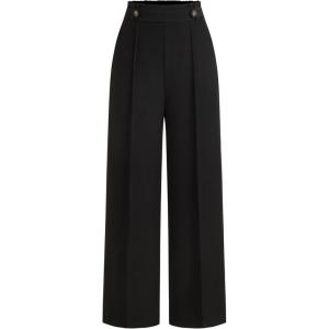 CIDER Mid Rise Elastic Waist Pocket Pleated Straight Leg Trousers(Black)