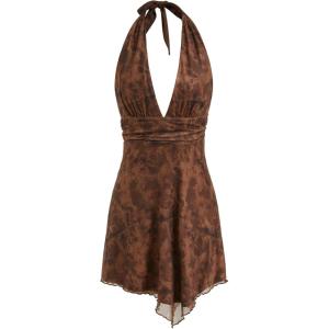 CIDER Mini Dress Abstract Print Halter Neck Sleeveless Backless Asymmetrical Hem High Waist Party Dress(Brown)