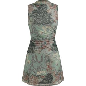 CIDER Mini Dress Floral Sundress Ruched Dress Stand Neck Middle Waist Elegant Party Cocktail Clubbing Dresses(Green)
