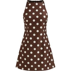 CIDER Mini Dress Party Cocktail Boat Neck High Waist Polka Dot Sleeveless Casual Short Dress(Coffee)