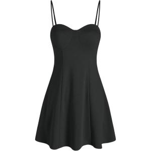 CIDER Mini Dress V Neck Sleeveless Bodycon Strappy High Waist Party Dress Flared A Line Short Dresses(Black)