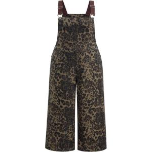 CIDER Overalls for Women Denim Leopard Pocket Buckle Up Wide Leg Jumpsuit(Plus – Tan)