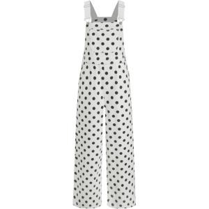 CIDER Overalls for Women Denim Leopard Pocket Buckle Up Wide Leg Jumpsuit(White)