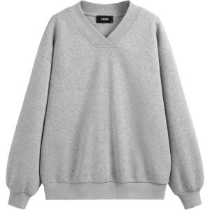 CIDER Oversized Long Sleeve V-Neck Sweatshirt Casual Loose Fit Top(Grey)