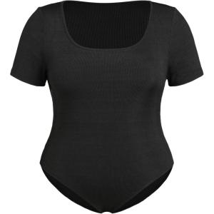 CIDER Plus Size Bodysuits For Curvy Women Square Neck Short Sleeve Basic Going Out Tops(Black)
