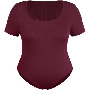 CIDER Plus Size Bodysuits For Curvy Women Square Neck Short Sleeve Basic Going Out Tops(Carmine)