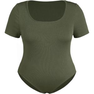 CIDER Plus Size Bodysuits For Curvy Women Square Neck Short Sleeve Basic Going Out Tops(Green)