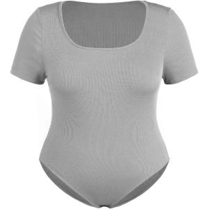 CIDER Plus Size Bodysuits For Curvy Women Square Neck Short Sleeve Basic Going Out Tops(Grey)