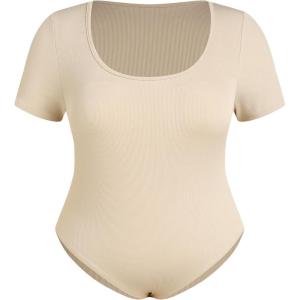 CIDER Plus Size Bodysuits For Curvy Women Square Neck Short Sleeve Basic Going Out Tops(Khaki)