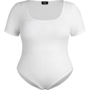 CIDER Plus Size Bodysuits For Curvy Women Square Neck Short Sleeve Basic Going Out Tops(White)