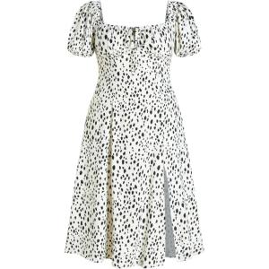 CIDER Plus Size Midi Dress Summer Fruit Patterned Square Neck Puff Sleeve Boho Vacation Casual Midi Dress for Curvy Women(Beige)